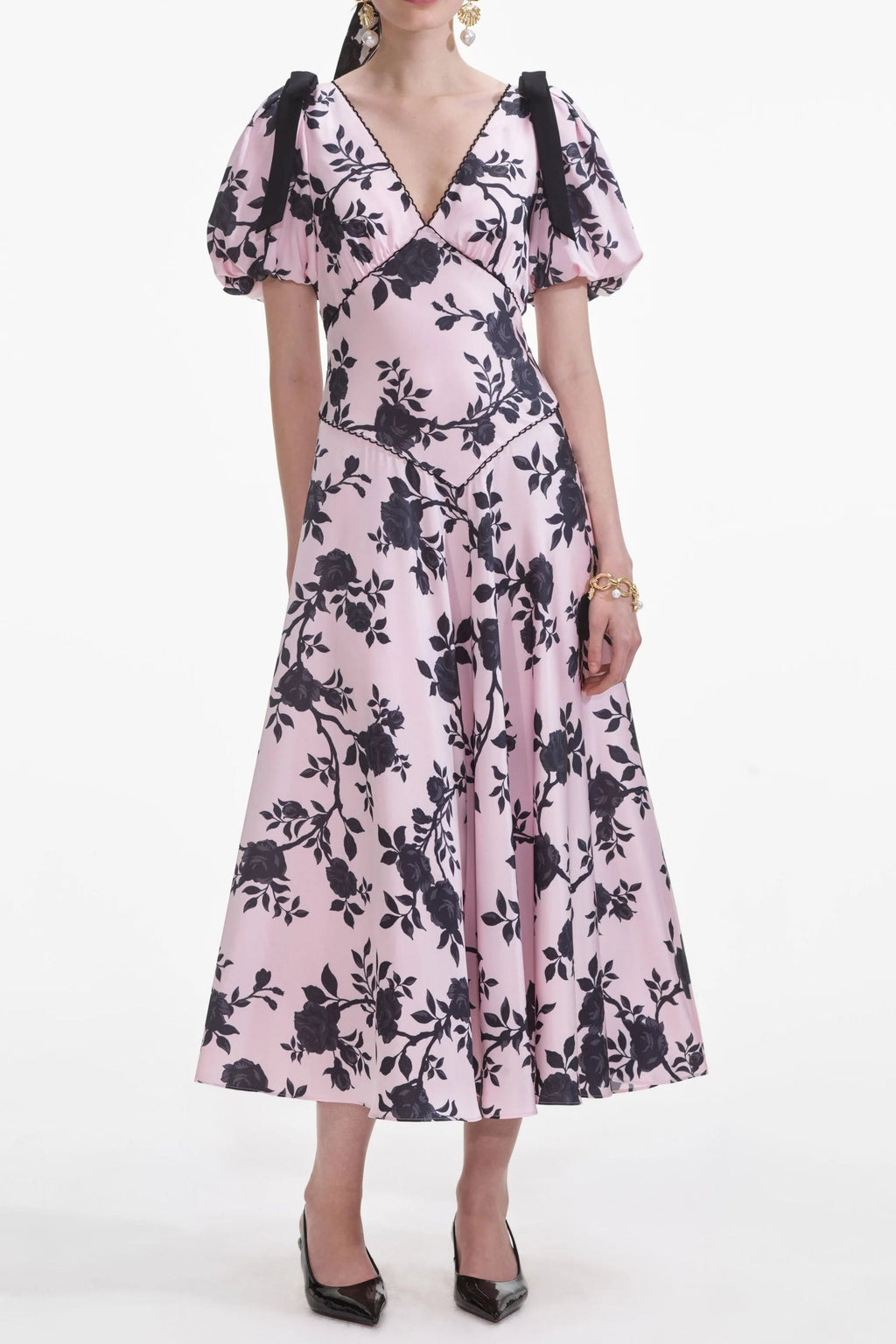 V-Neck Satin Floral Midi Dress in Pink Avalabel