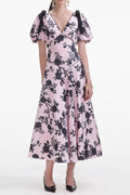 V-Neck Satin Floral Midi Dress in Pink Avalabel