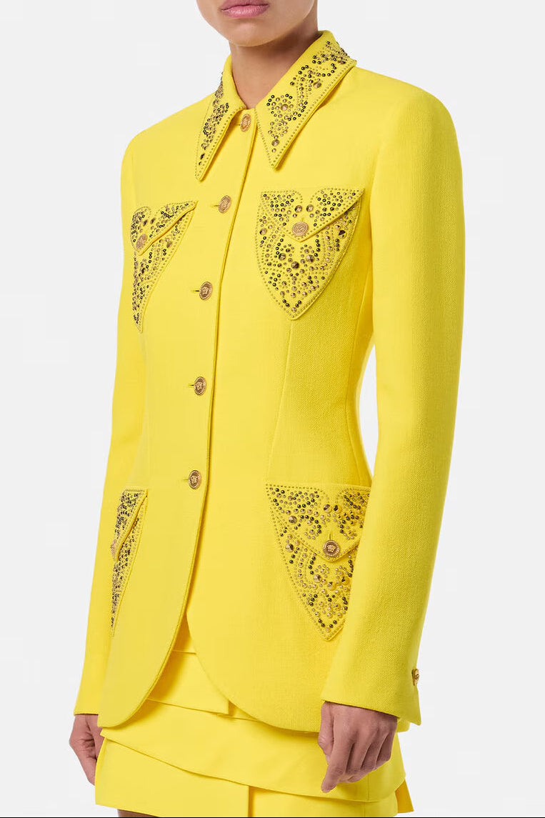 anila Studded Wool Fitted Single-Breasted Blazer in yellow Avalabel