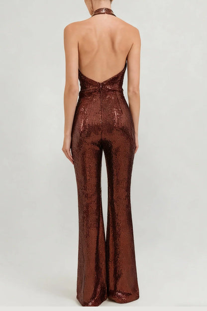 nora brown Sequin halterneck deep V high waist flared jumpsuit