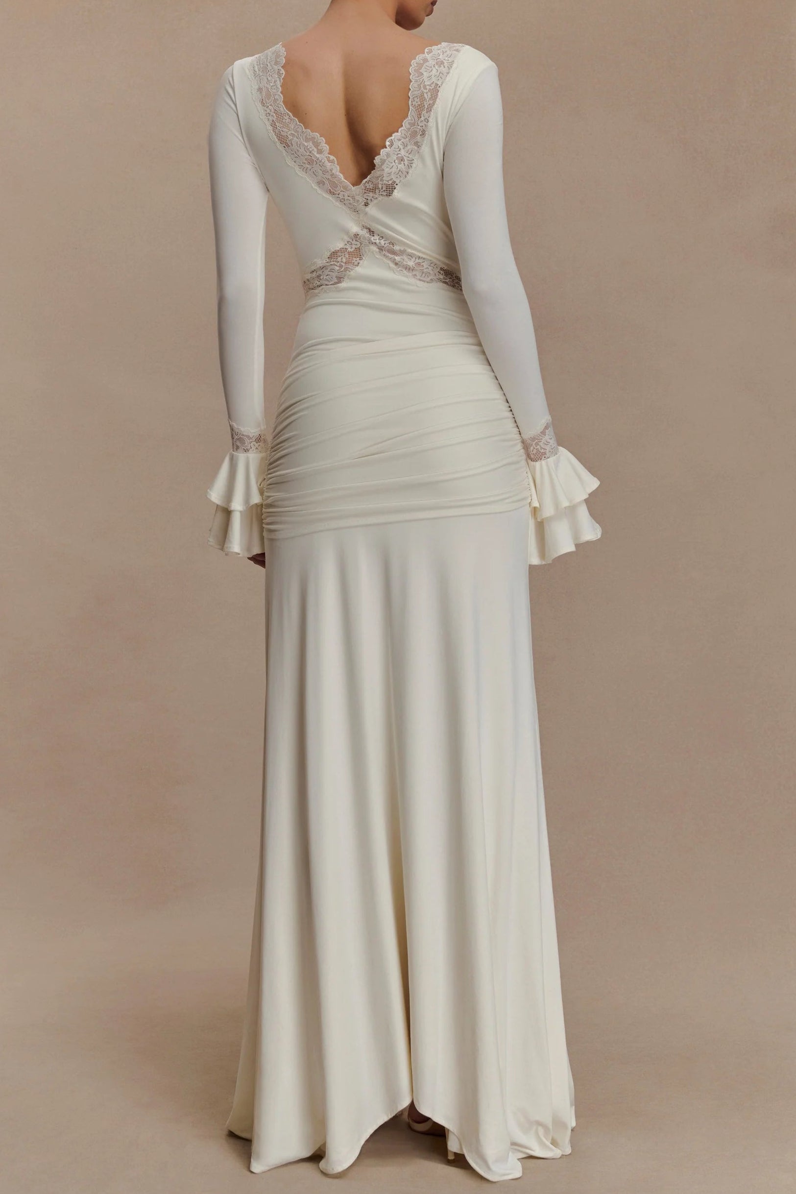 pamela V-neck lace see-through maxi dress in white Avalabel