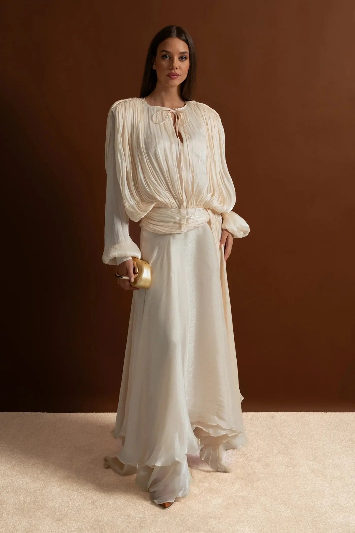 ivory Pleated Bodice Draped puff sleeve Maxi Dress Avalabel