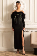 lara sequin high slit Feather Adorned maxi Dress - Black Avalabel