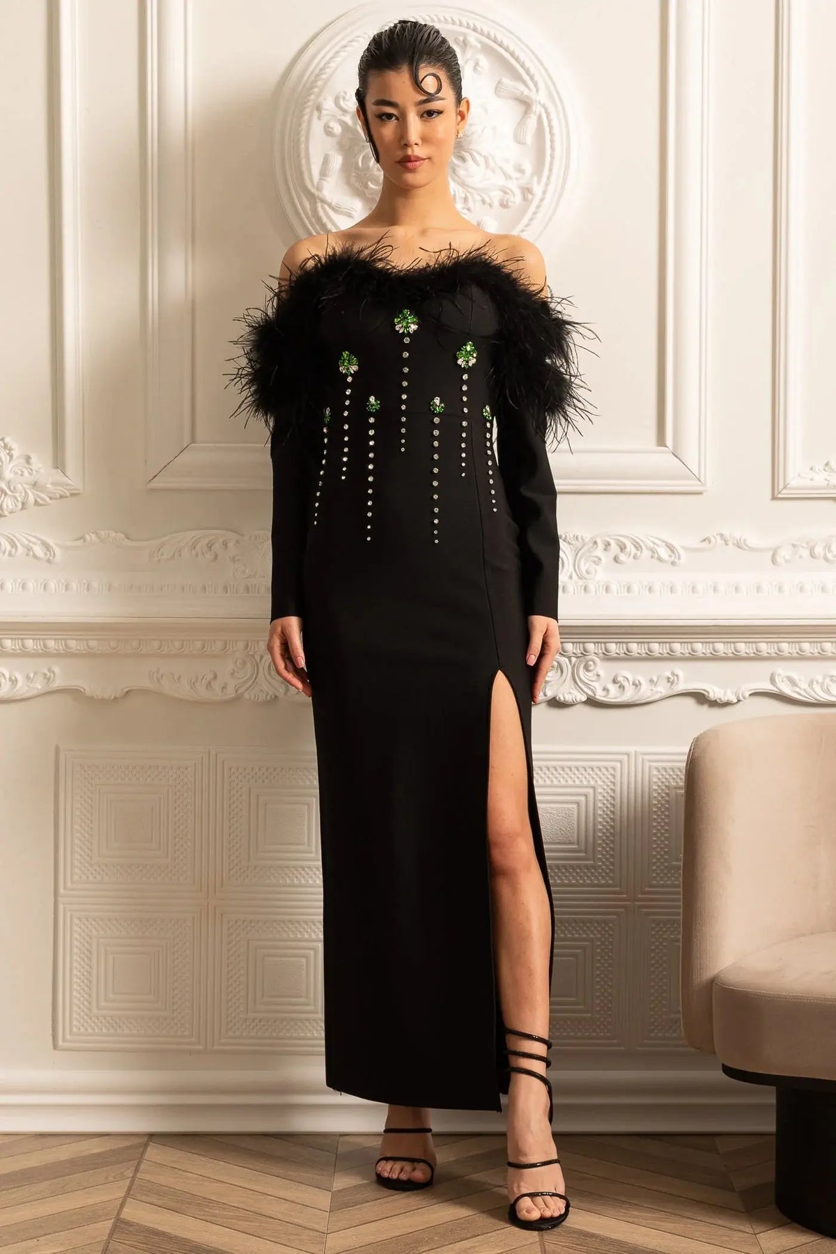 lara sequin high slit Feather Adorned maxi Dress - Black Avalabel