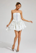 Martha Ruffle Printed Strapless Mini Dress in Blue Avalabel