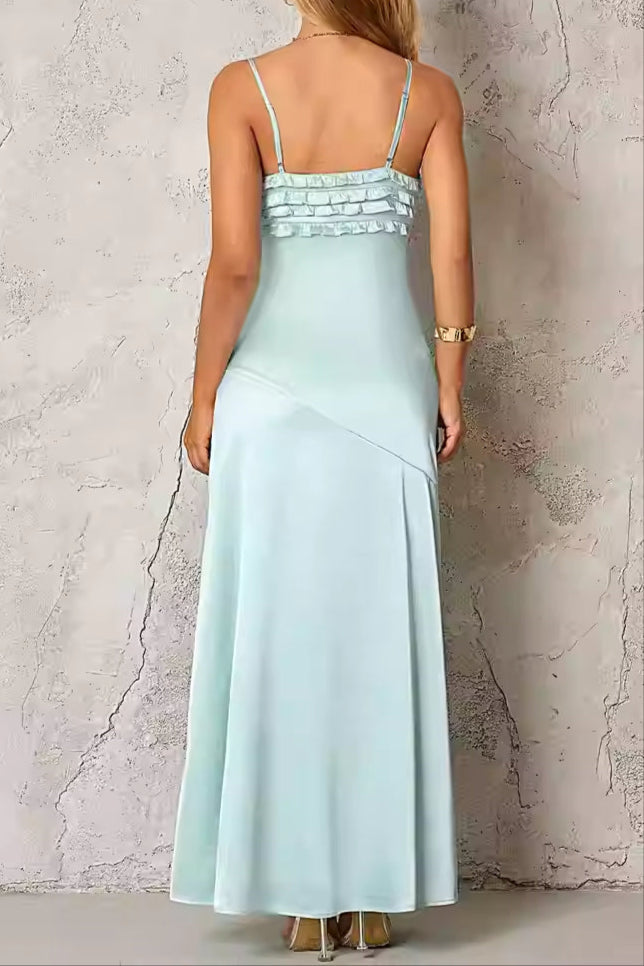 Simona Ruffle Trim Silk Maxi Dress in Mint Avalabel