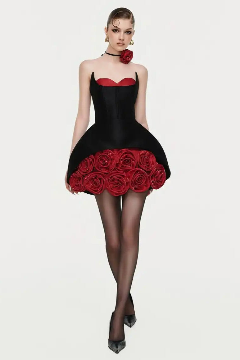 Rose Flower Ruffled Floral Mini Dress in Red Soraya