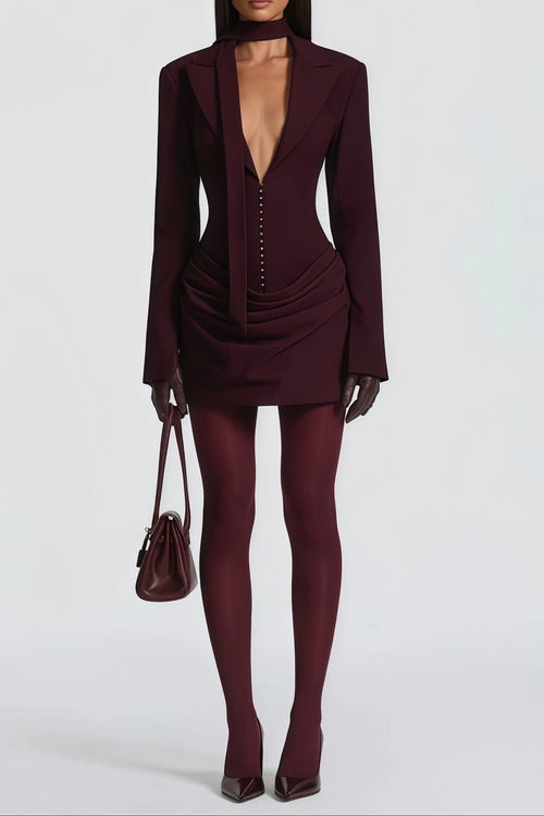 amelia v-neck ruched Blazer Mini Dress in Wine Red Avalabel