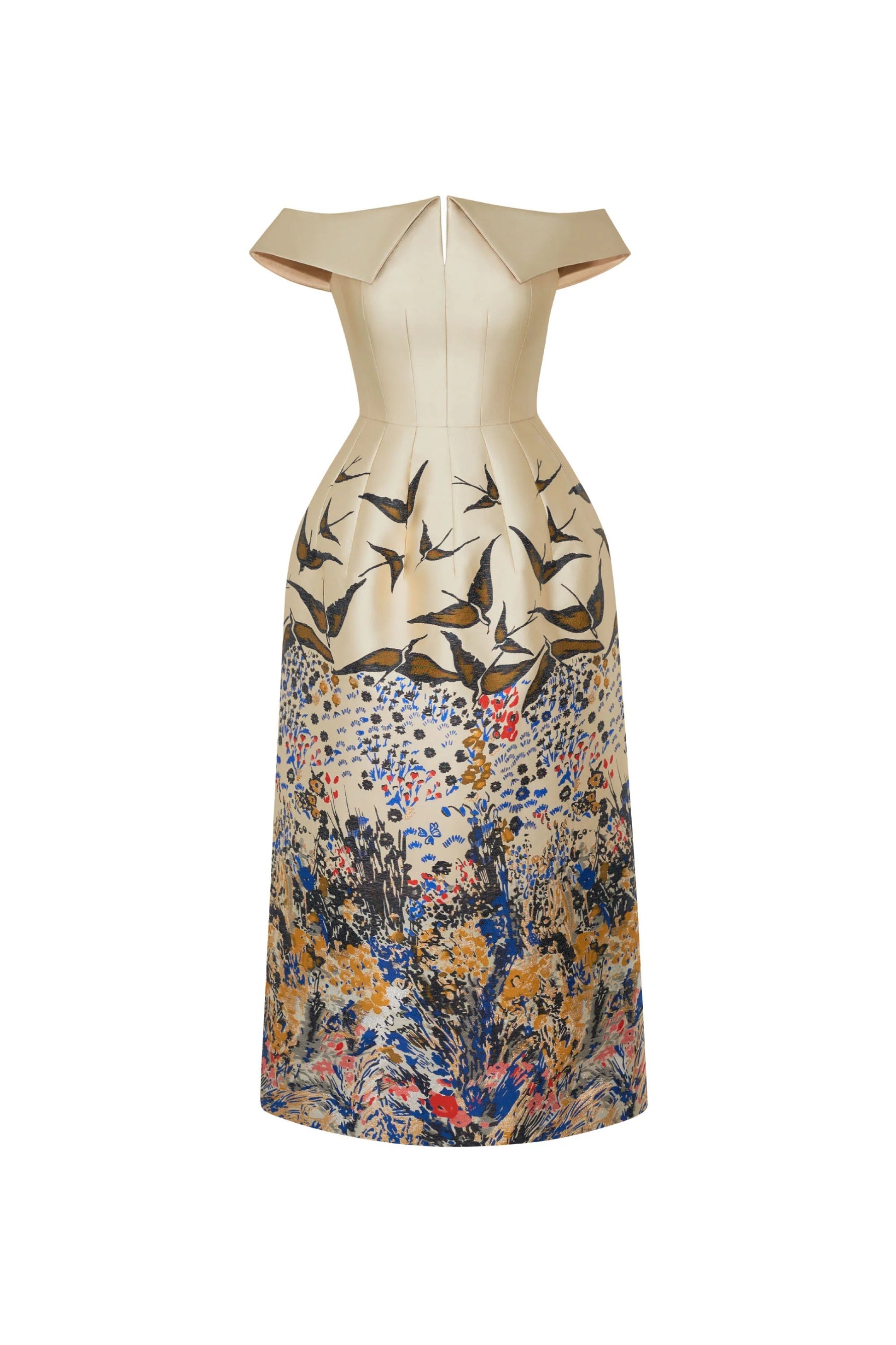 Nina Retro Floral Print Off-Shoulder Idi Dress in Apricot Avalabel