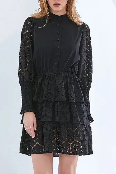 vanessa Long Sleeves Layered Lace Mini Dress in black Avalabel