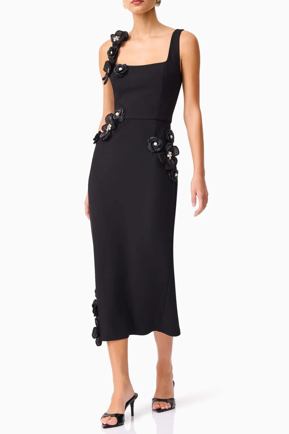 Sabrina 3DD Flower Midi Dress in Black Soraya