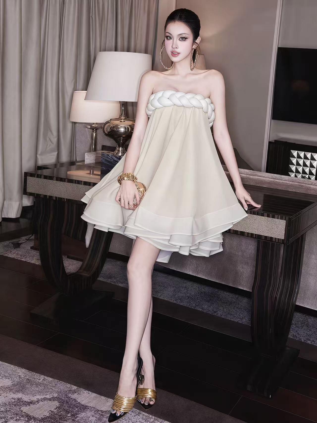 Hemp Rope Tube Top Tutu Skirt in Beige Avalabel