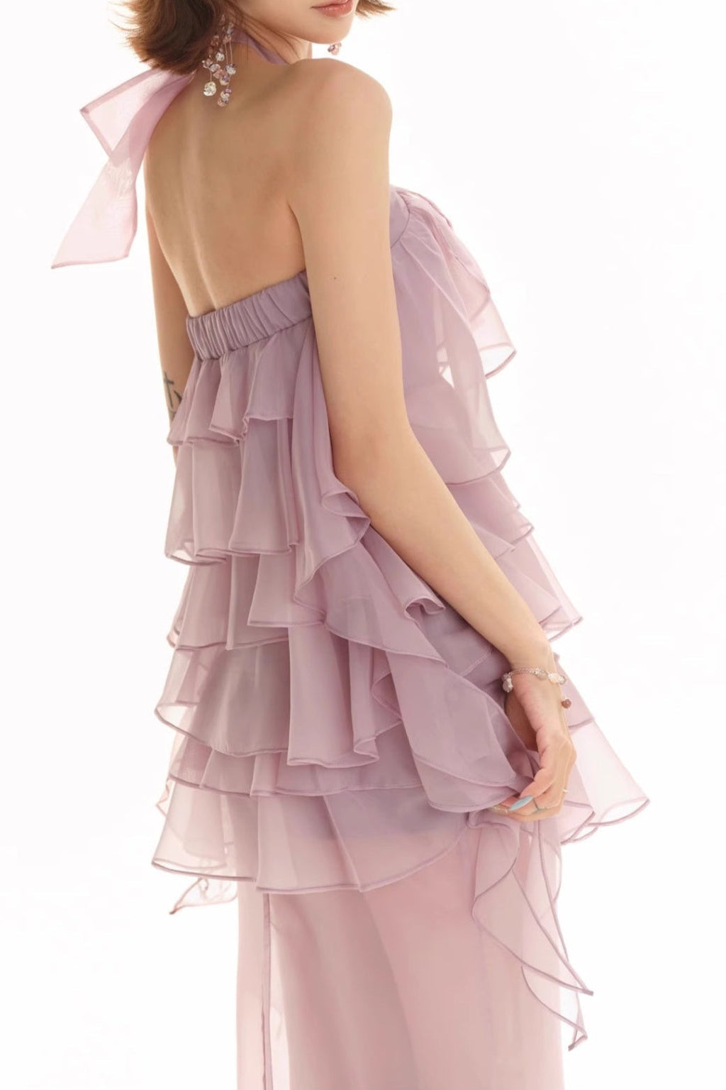 Backless Multi-Layer Ruffle Slit Maxi Dress in Lilac Avalabel