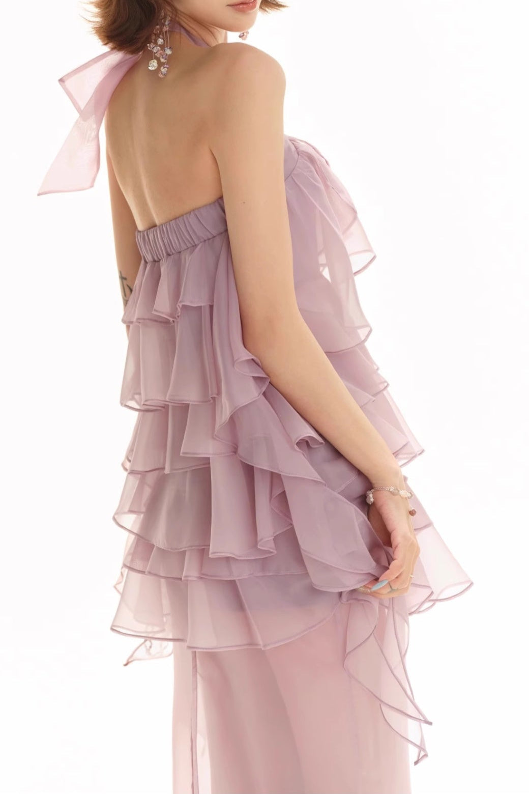Backless Multi-Layer Ruffle Slit Maxi Dress in Lilac Avalabel