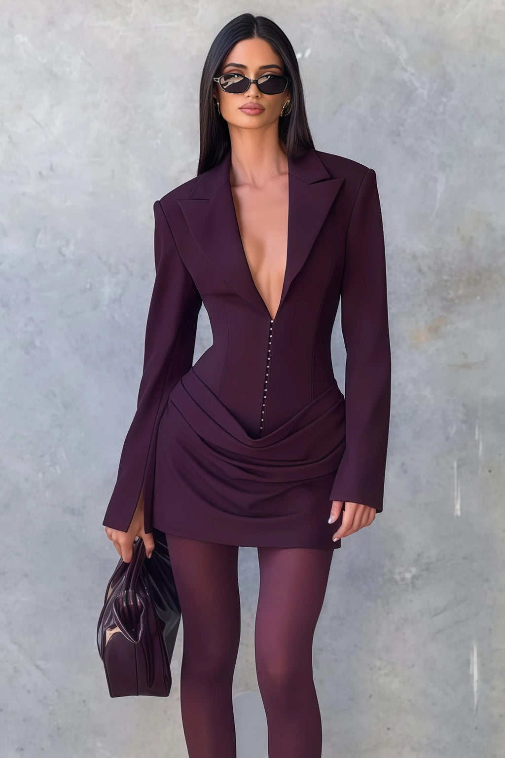 amelia v-neck ruched Blazer Mini Dress in Wine Red Avalabel