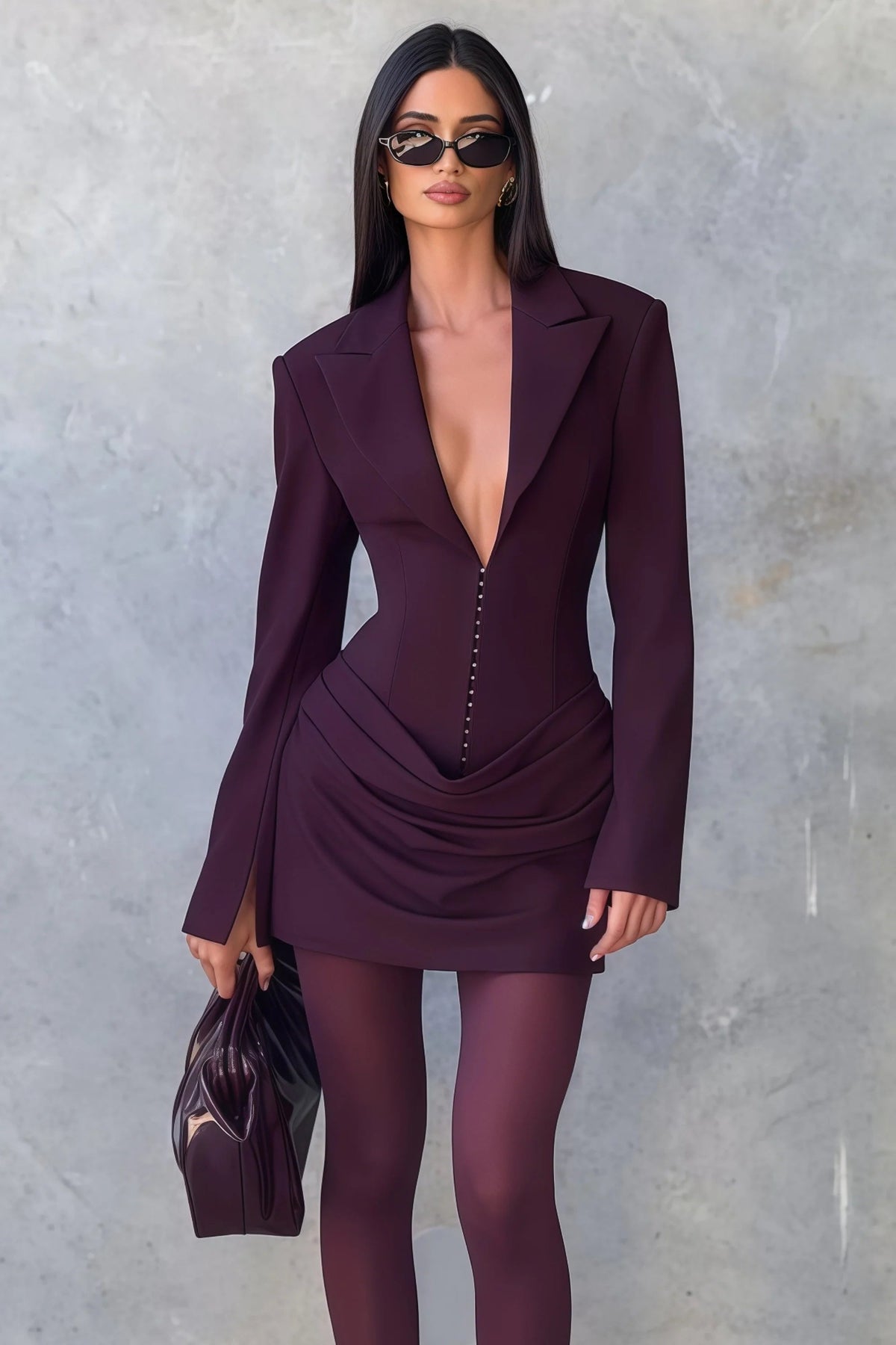 amelia v-neck ruched Blazer Mini Dress in Wine Red Avalabel