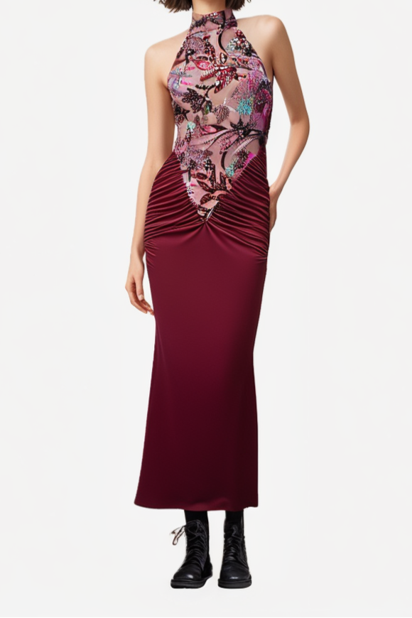 Tracy Sequin Embroidery Halter Maxi Dress in Red Avalabel