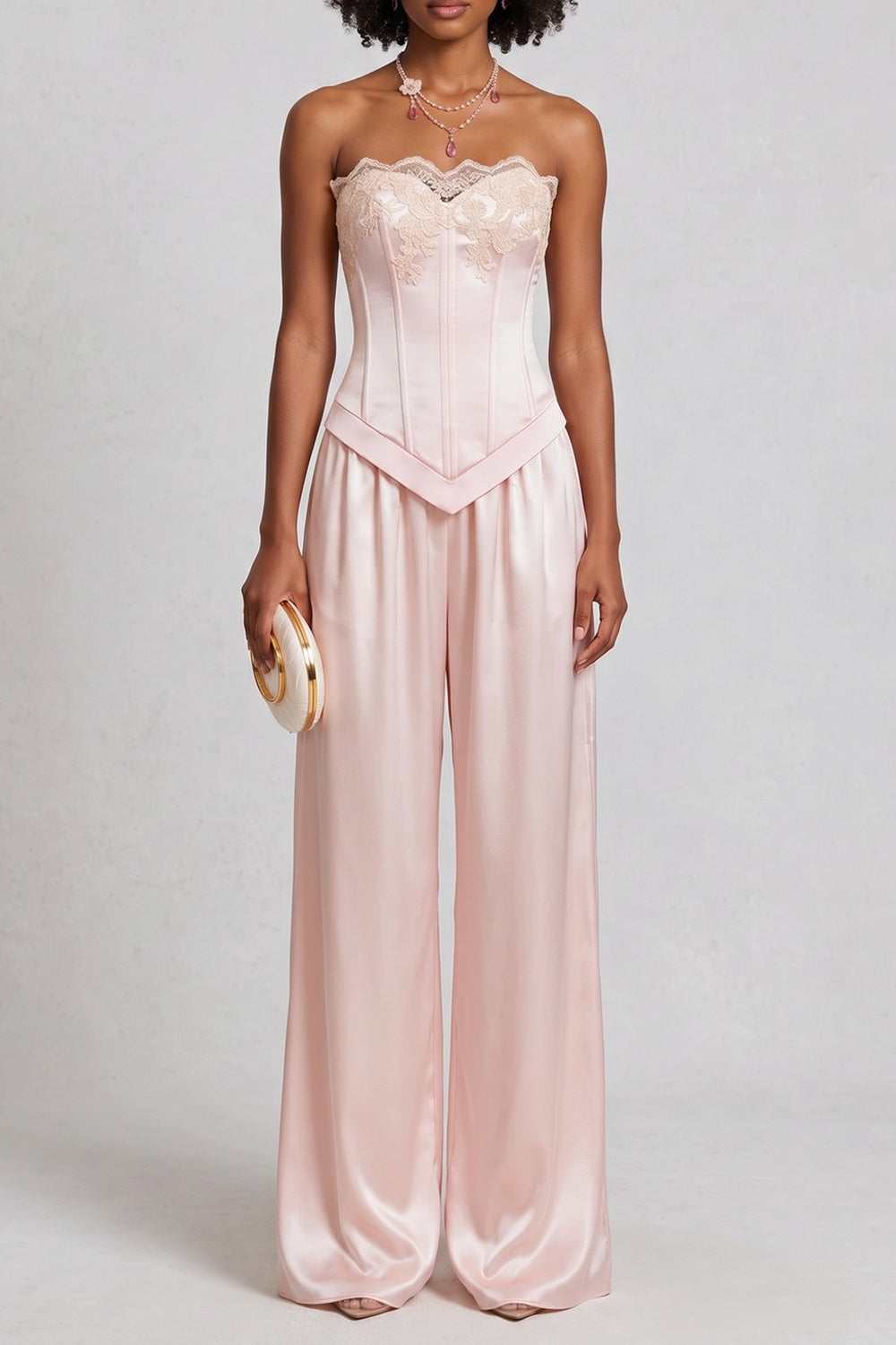 Strapless Lace Trim Satin Top & Wide Leg Pant Co-ord Set poava