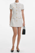 Decorative Buttons Check Mini Dress in White Avalabel