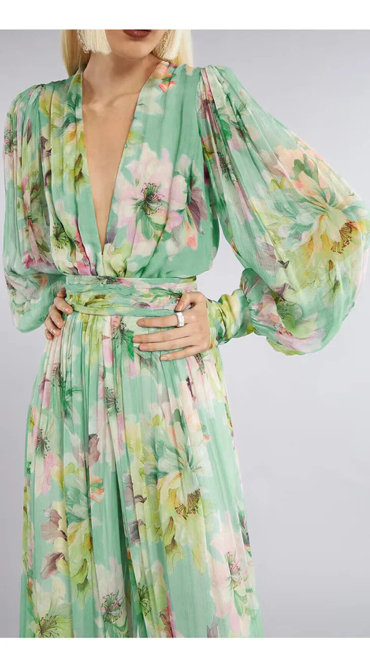 V Neck Floral Print Chiffon Maxi Dress in Green Avalabel