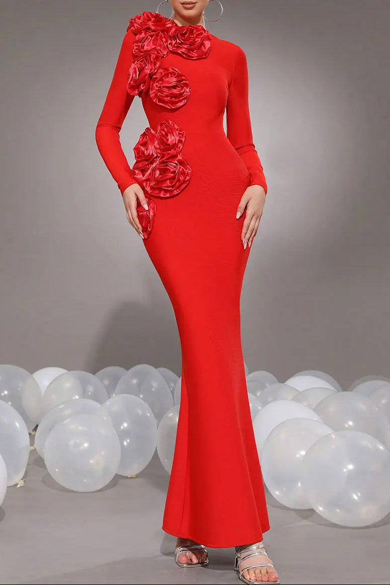 sally 3D Flower Decorative Bandage maxi Dress in red Avalabel