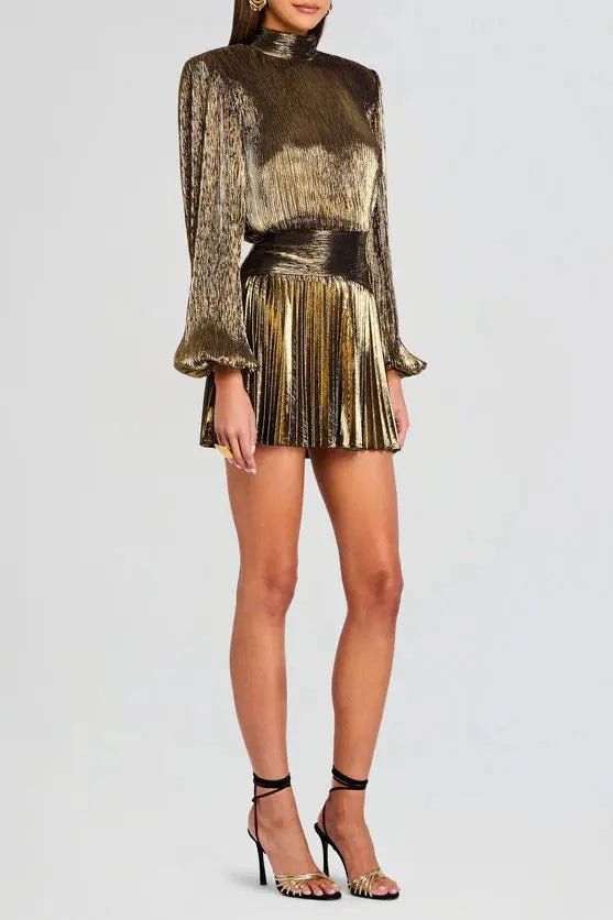 nancy High-necked lantern sleeve pleated mini dress in gold Avalabel
