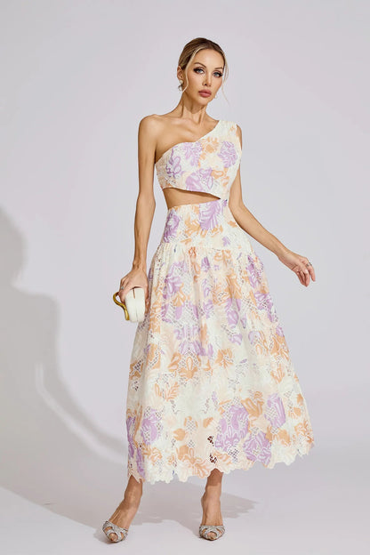 kimberley Yellow One-Shoulder floral print cutout Maxi Dress