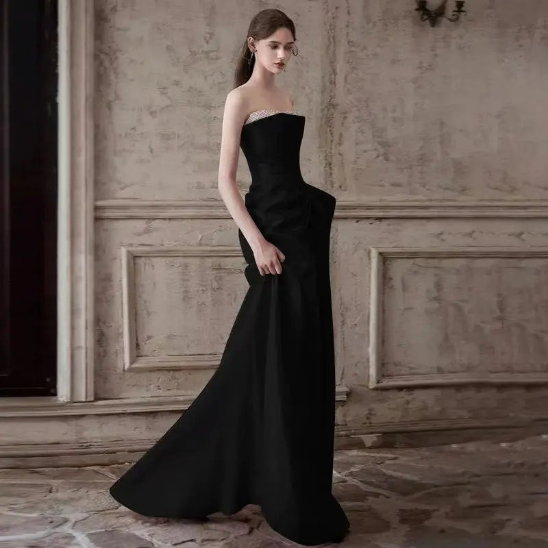 Mermaid Ruched Strapless Beading Black Prom Dress Avalabel