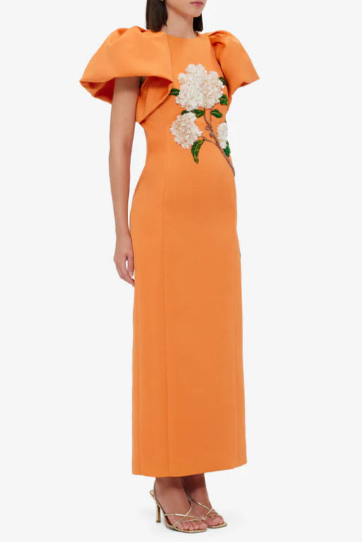 Edwina Embellished Maxi Dress Hydrangea Print in Tangerine Avalabel