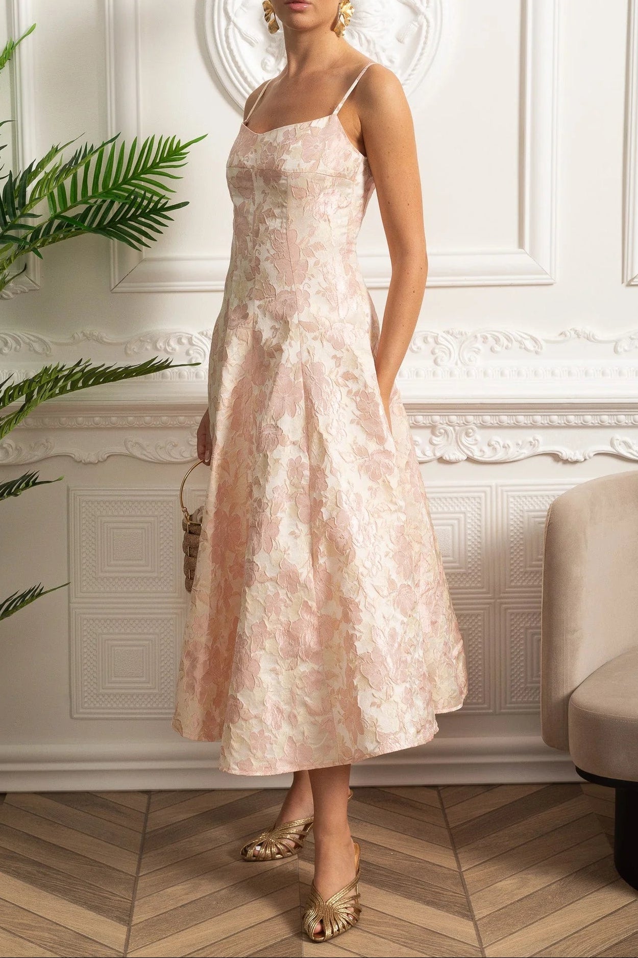 lauren Jacquard Midi Dress with Floral Motif - Blush Pink