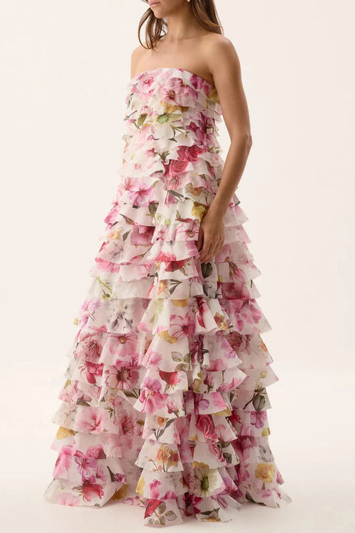 Cathy Floral Print Pleated Layer Strapless Maxi Dress in Pink Avalabel