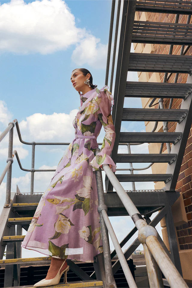 winni Lily Blossom Print Lilac Butterfly Sleeve Midi Dress Avalabel