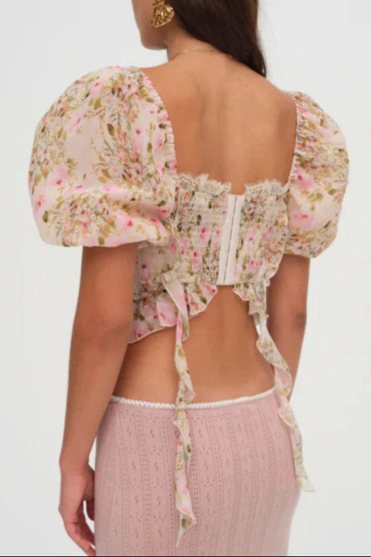 Pink Tie-Drape Chiffon Shirt with Ruffled Puff Sleeves Avalabel