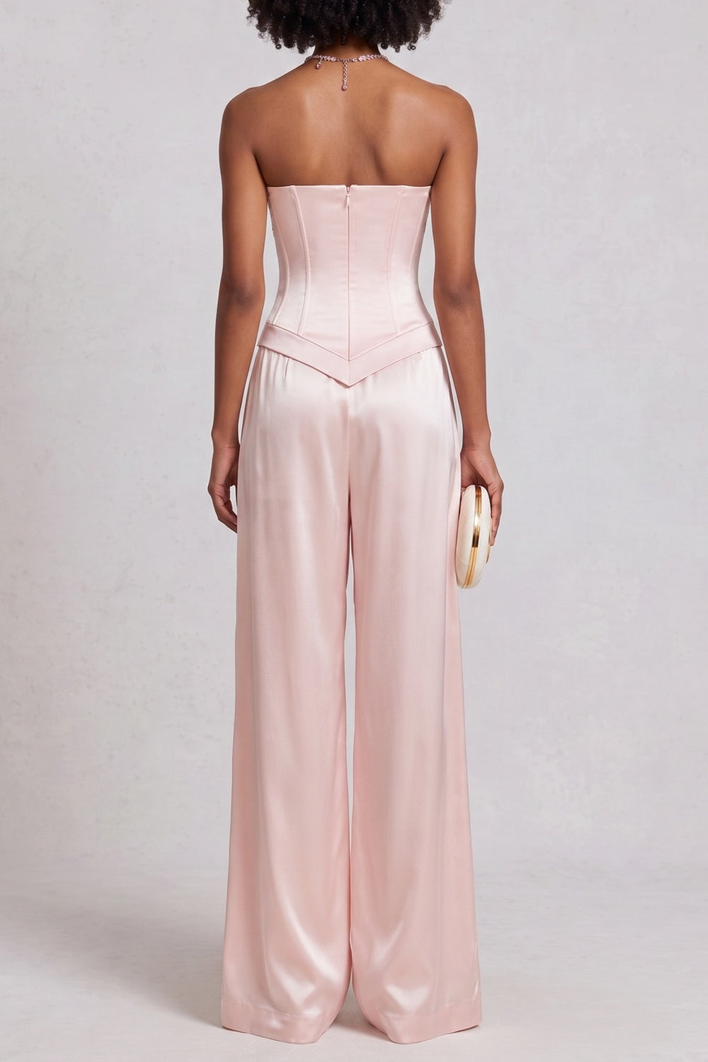 Strapless Lace Trim Satin Top & Wide Leg Pant Co-ord Set poava