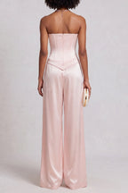 Strapless Lace Trim Satin Top & Wide Leg Pant Co-ord Set poava