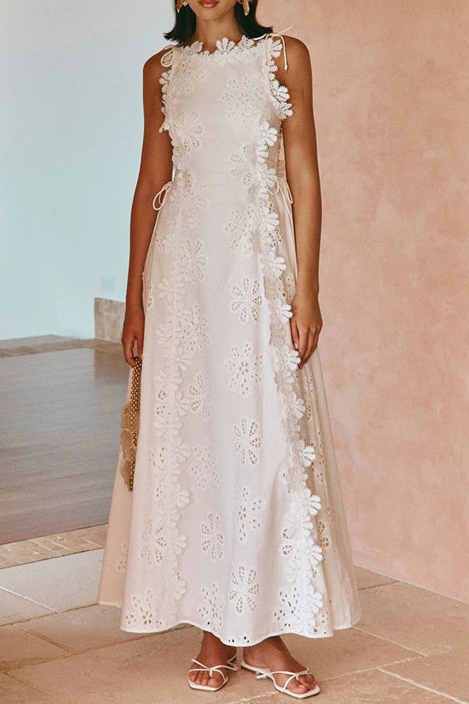 Lace Trim Embroidery Hollow Midi Dress in White Avalabel