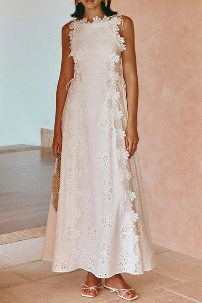 Lace Trim Embroidery Hollow Midi Dress in White