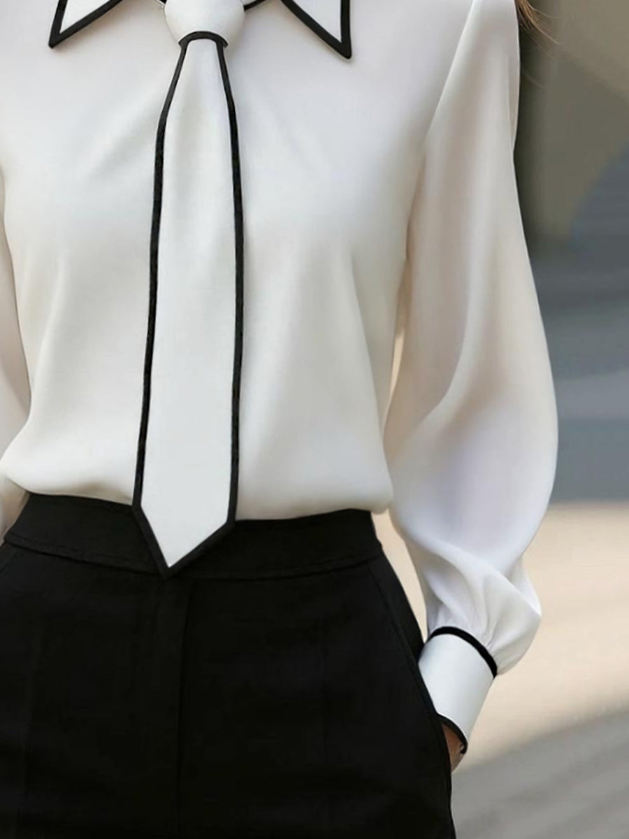 Chic Contrast Trim Tie-Neck Blouse Avalabel