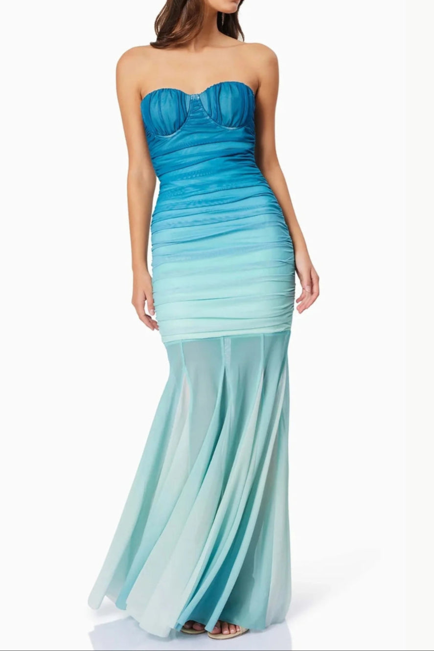 Gradient Mesh Splicing Bodycon Strapless Maxi Dress In Blue Avalabel