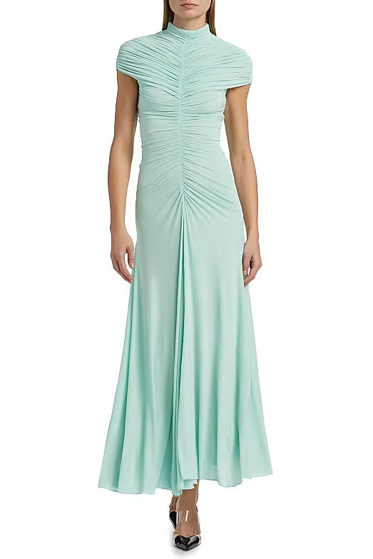 Lillian Gathered High-Neck Maxi Dress in Green