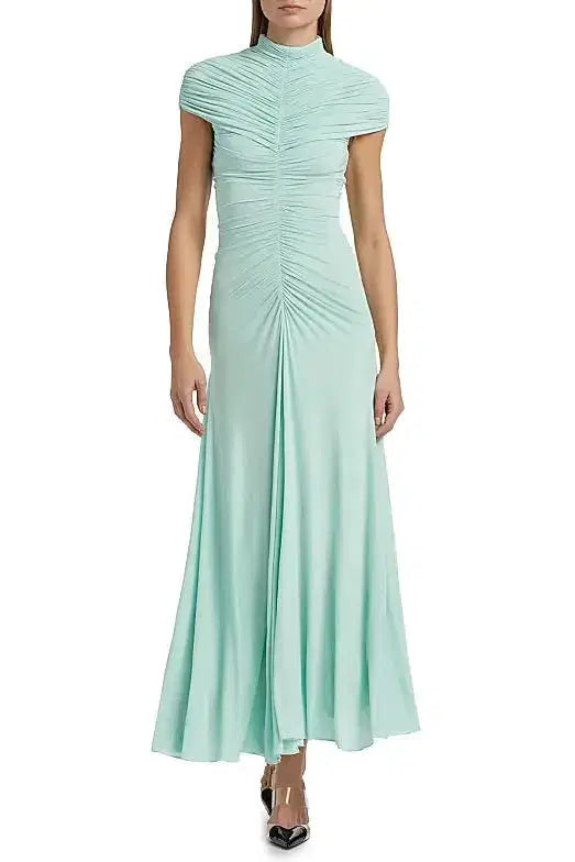 Lillian Gathered High-Neck Maxi Dress in Green Avalabel