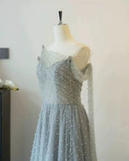 Dusty Blue one-shoulder pearl maxi evening dress Avalabel