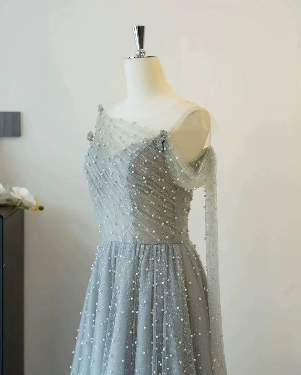 Dusty Blue one-shoulder pearl maxi evening dress Avalabel