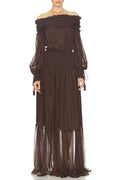 Tiffany Brown Off-Shoulder Long Sleeve Maxi Dress with Ruched Trim Avalabel