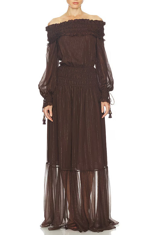 Tiffany Brown Off-Shoulder Long Sleeve Maxi Dress with Ruched Trim Avalabel