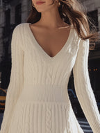 Cozy Cable Knit Sweater Dress With V-Neck And Flare Hem Avalabel