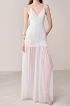 Belen Drop Waist Spaghetti Strap Organza Maxi Dress in white Avalabel
