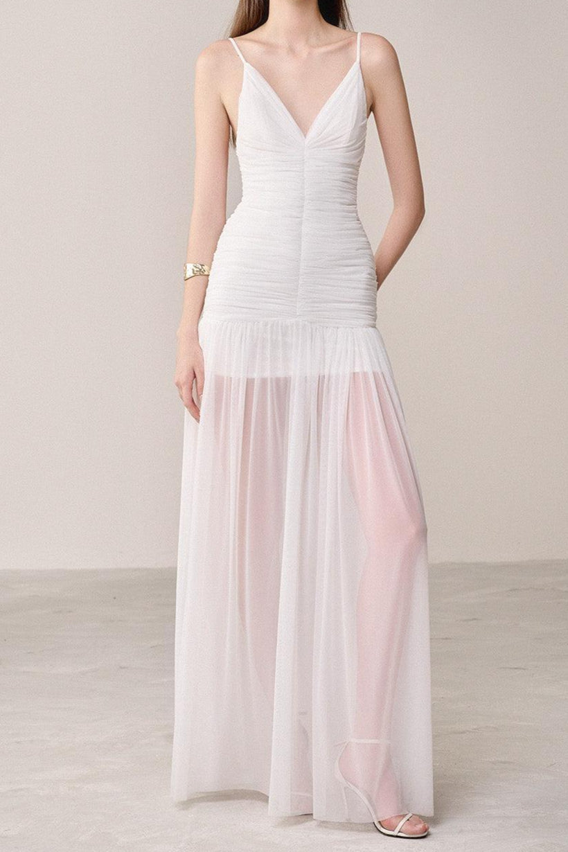 Belen Drop Waist Spaghetti Strap Organza Maxi Dress in white Avalabel