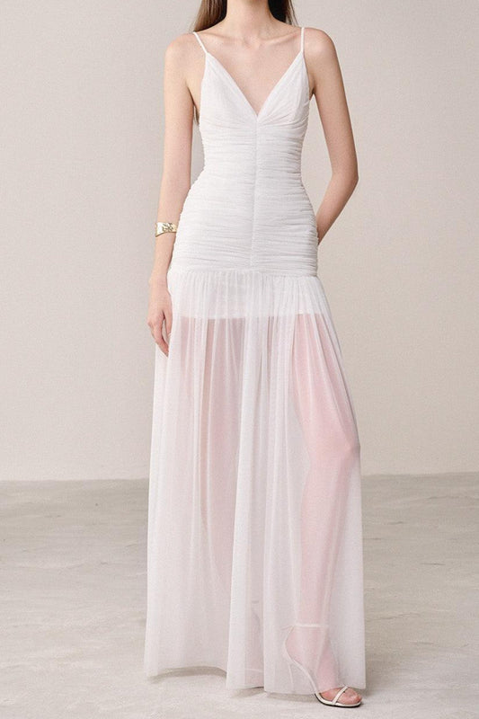 Belen Drop Waist Spaghetti Strap Organza Maxi Dress in white