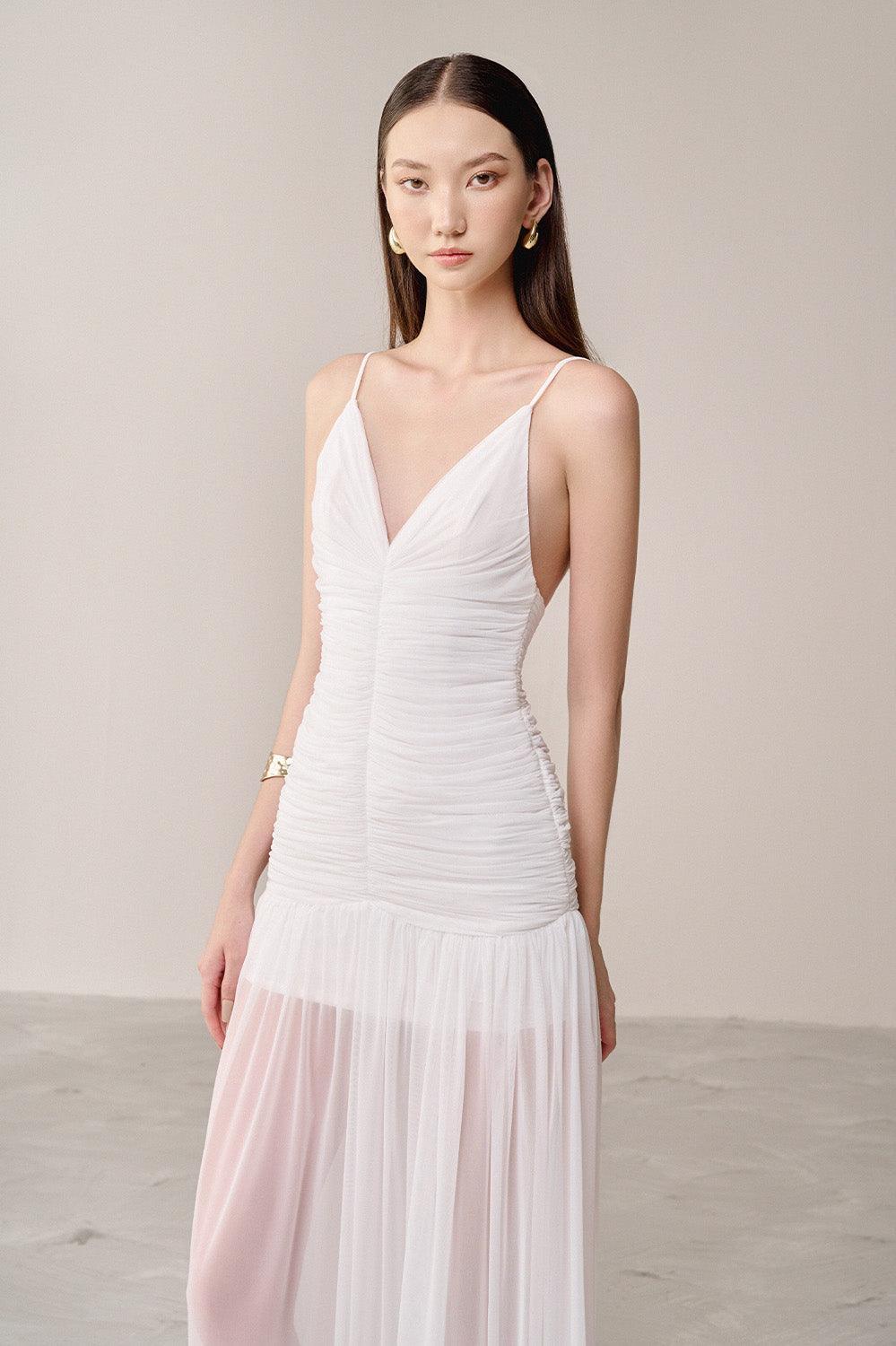 Belen Drop Waist Spaghetti Strap Organza Maxi Dress in white Avalabel